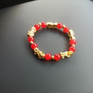 Gold 24k Pixiu Bracelet With Red Beads